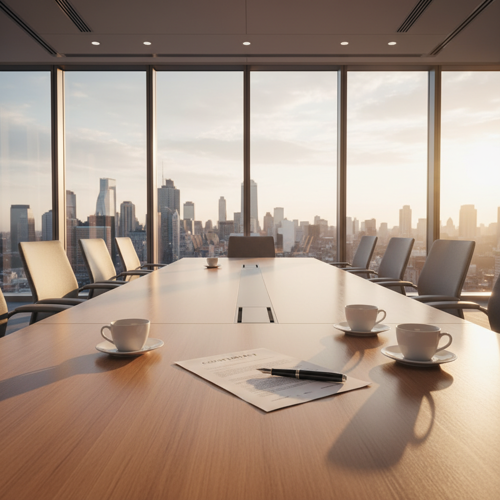A modern boardroom representing an M&A negotiation involving an earn-out structure.