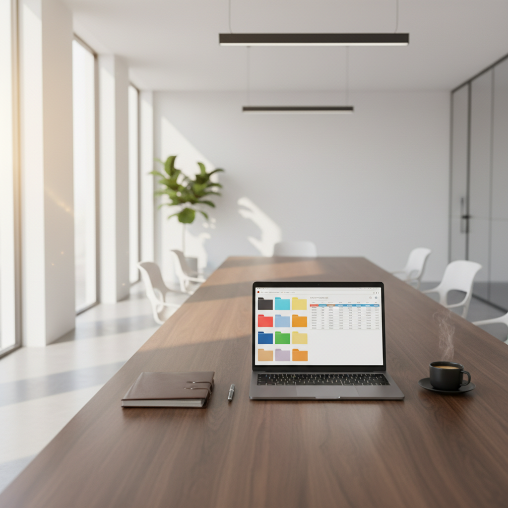 Modern boardroom with laptop showing organised data room folders, warm daylight, editorial business photography