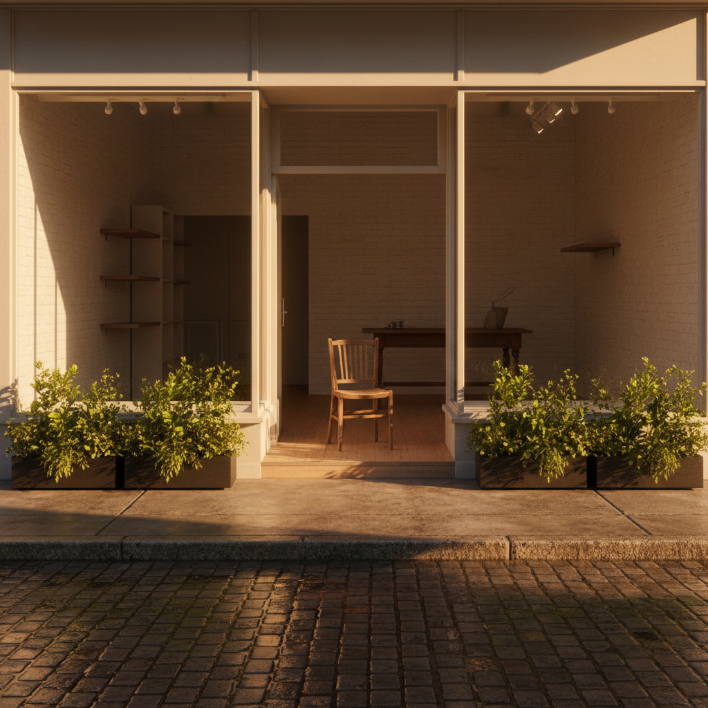 Small empty open shop at golden hour, hopeful editorial business photography