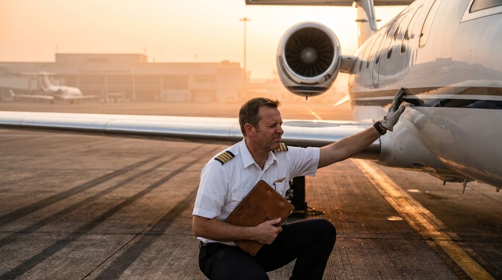 A pilot performing a meticulous pre-flight walk-around inspection of a private jet at sunrise