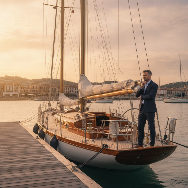 A restored classic sailing yacht in a sunlit harbour with a buyer appraising it from the dock