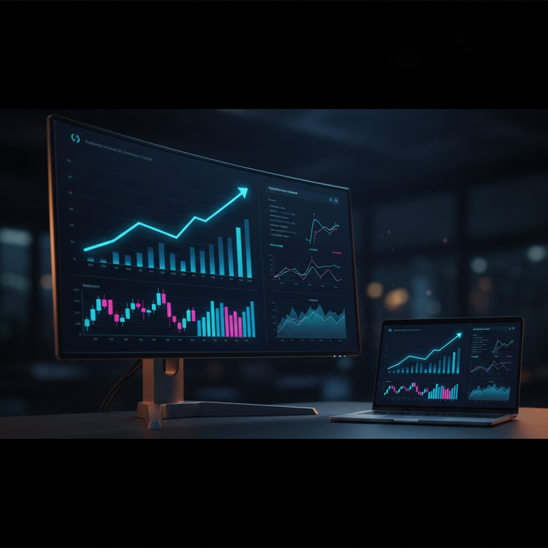 A dark high-tech analytics dashboard with a glowing upward line graph, candlestick and bar charts
