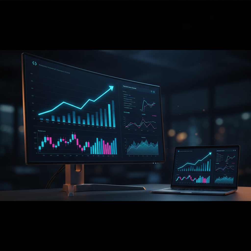 A dark high-tech analytics dashboard with a glowing upward line graph, candlestick and bar charts