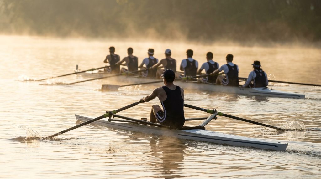 A lone sculler two lengths ahead of an eight-person rowing crew on a misty river at sunrise