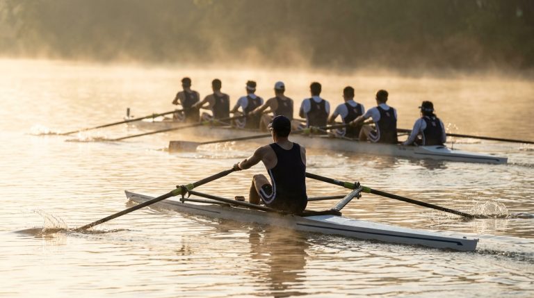 A lone sculler two lengths ahead of an eight-person rowing crew on a misty river at sunrise