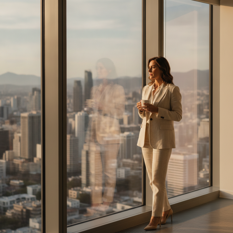Founder deciding when to sell their business, looking out over a city skyline