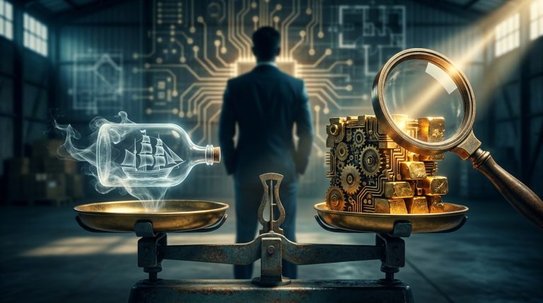 Businessman weighing a ghostly ship-in-a-bottle against solid gold under a magnifying glass