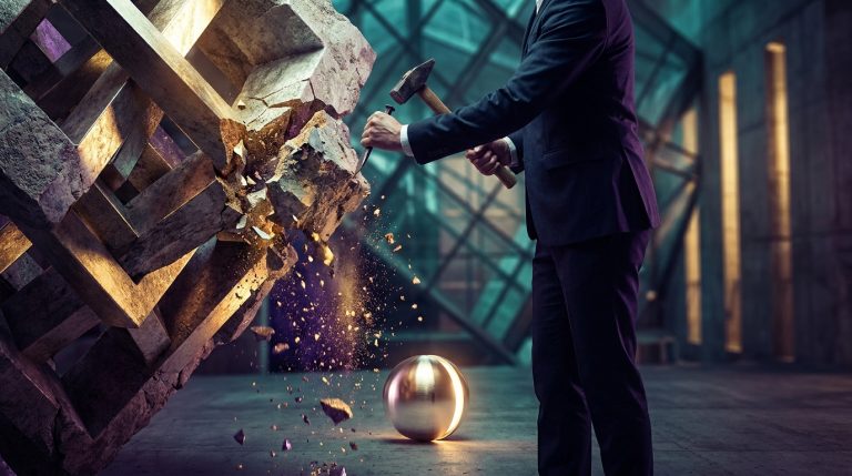 Suited figure chiselling away excess stone to reveal a golden core