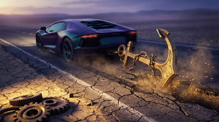 Purple supercar speeding while dragging a heavy golden anchor across cracked road